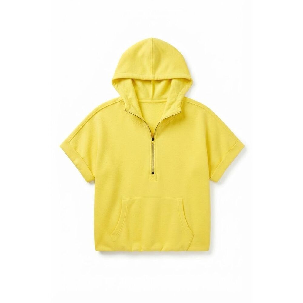 #1005. BiBi Sunshine Yellow Half Zip Hooded Short Sleeve Pullover Sweatshirt NWT - Picture 2 of 2